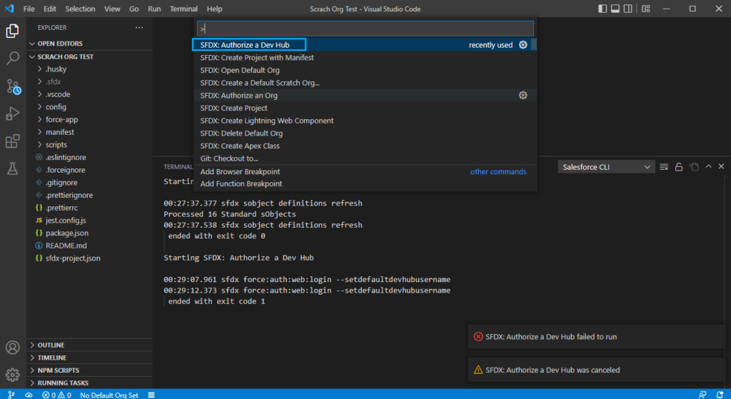 Salesforce Scratch org VS code Auth Dev Hub