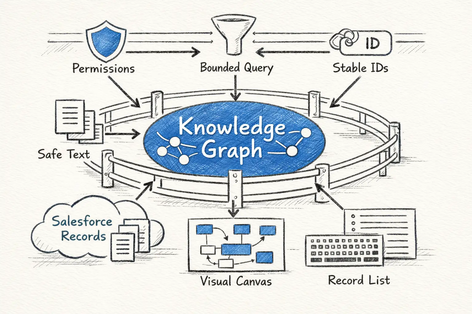 Bound the query, respect access controls, and offer an accessible route through the data. Guardrails around a Salesforce knowledge graph